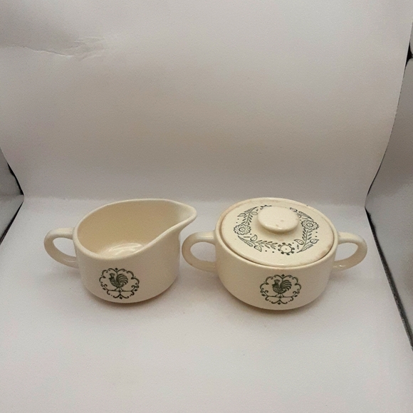 Vintage Scio Pottery Provincial Green Rooster Weather Vane Creamer & Sugar Bowl - Picture 3 of 12
